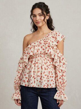 Self-Portrait Floral Ruffled One-Shoulder Top - Size US 2